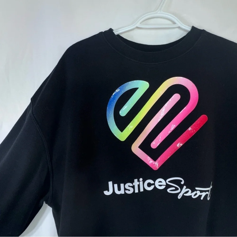 Justice Girls Glitter Gel Logo Black Oversized Raw Hem Boxy Cropped Sweatshirt